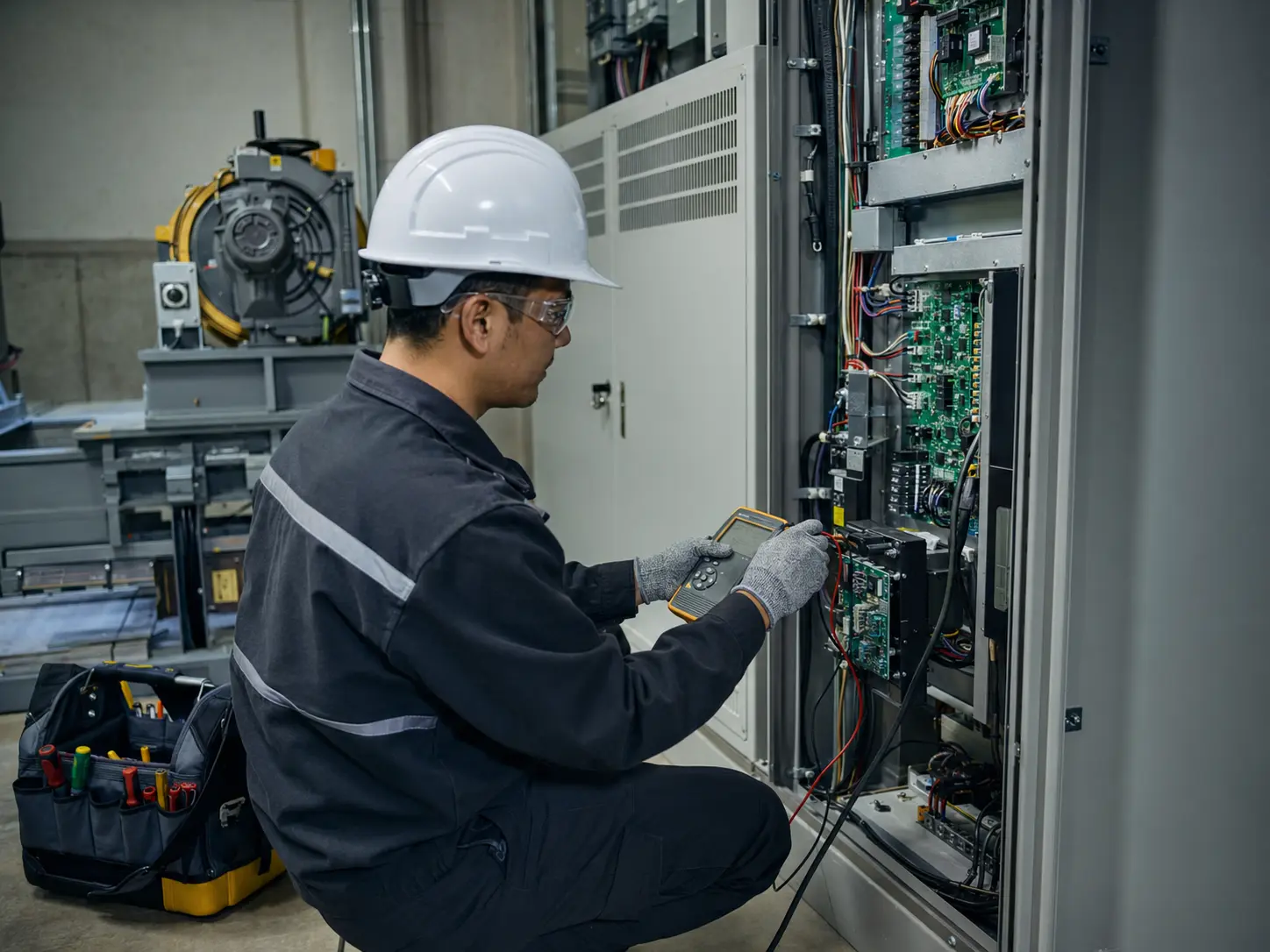 Técnico realizando manutenção preventiva em elevador